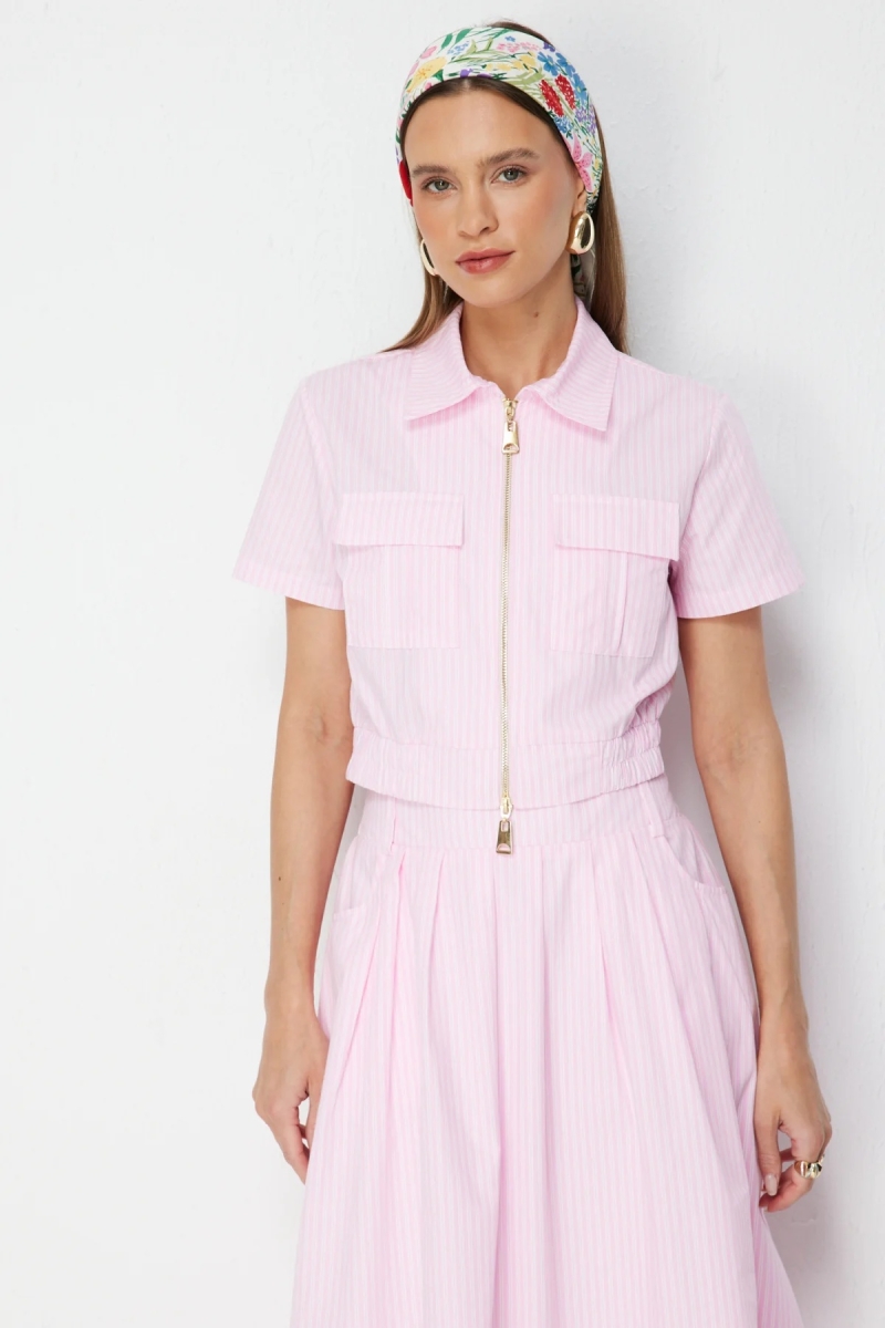 On Kadın Çizgi Desenli Pamuk Crop Gömlek 76422 Pembe Pembe