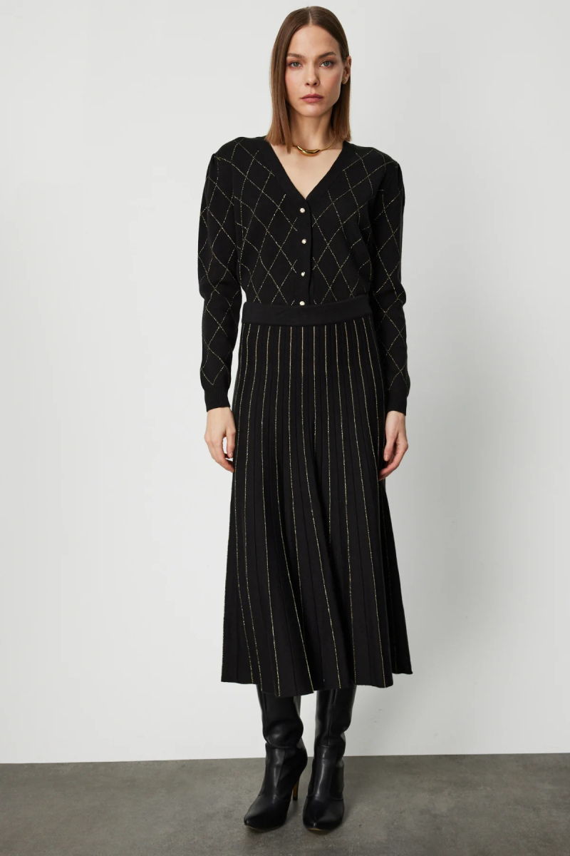 On Kadın Çizgi Desenli Pileli Midi Etek 63914 Siyah Siyah