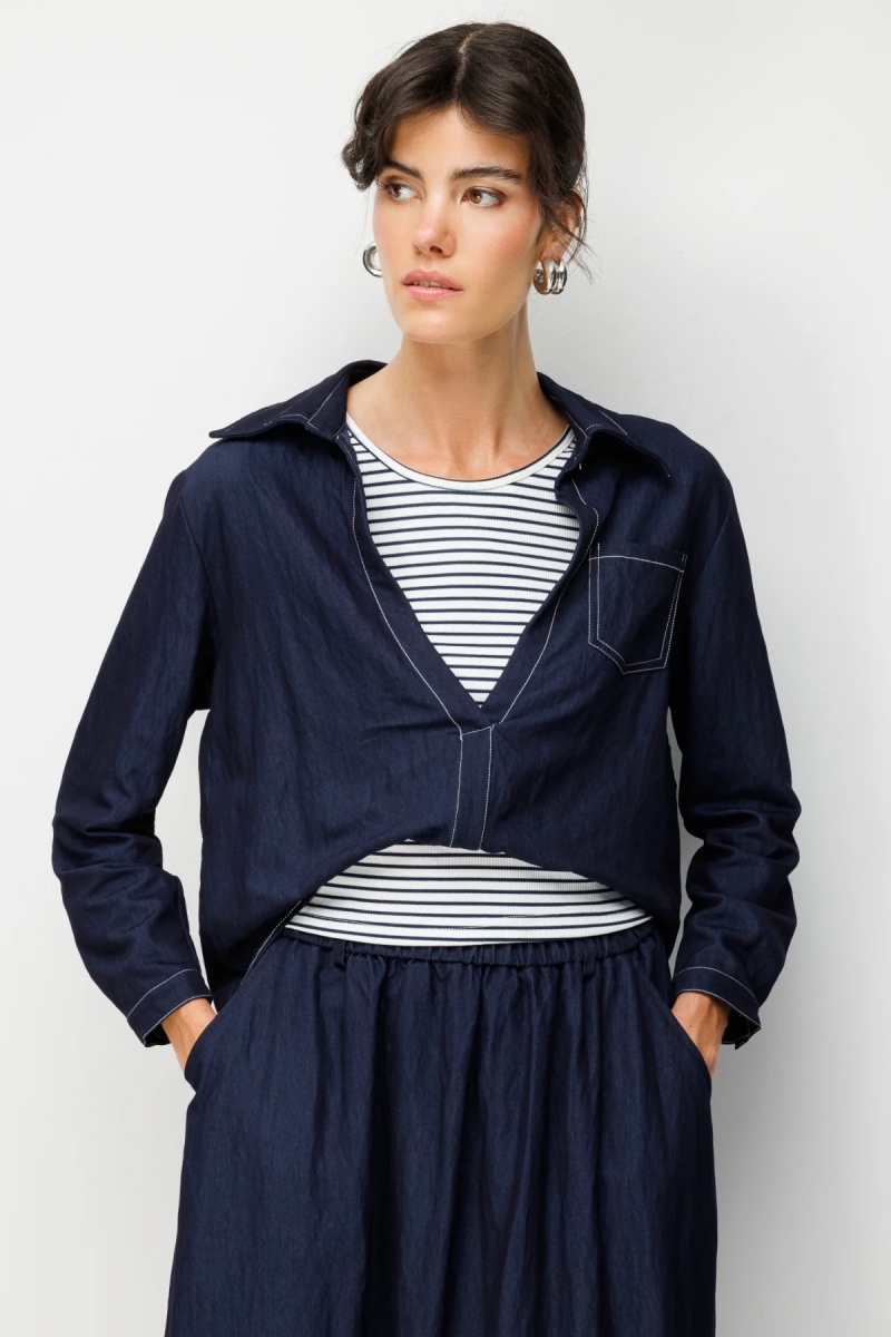 On Kadın Çizgili Atletli Gömlek Yaka Bluz 70492 Indigo Indigo