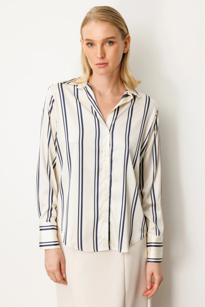 On Kadın Çizgili Saten Gömlek 64300 Ekru - Laci EKRU - LACİ
