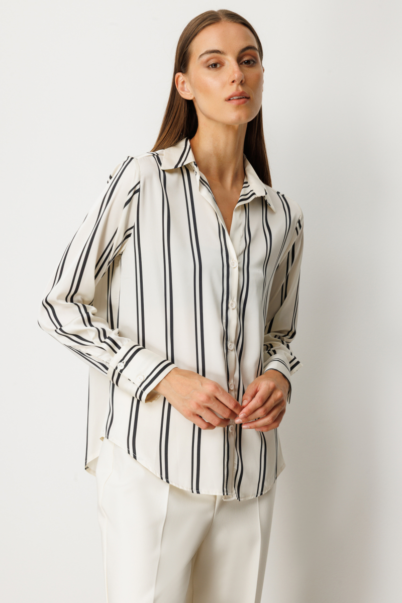 On Kadın Çizgili Saten Gömlek 64300 Ekru-Siyah EKRU-SİYAH