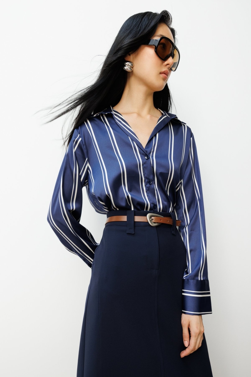 On Kadın Çizgili Saten Gömlek 64300 Laci-Ekru LACİ-EKRU