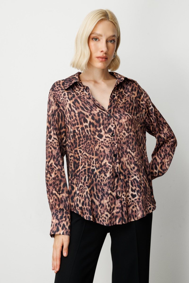 On Kadın Çizgili Saten Gömlek 64300 Leopar LEOPAR
