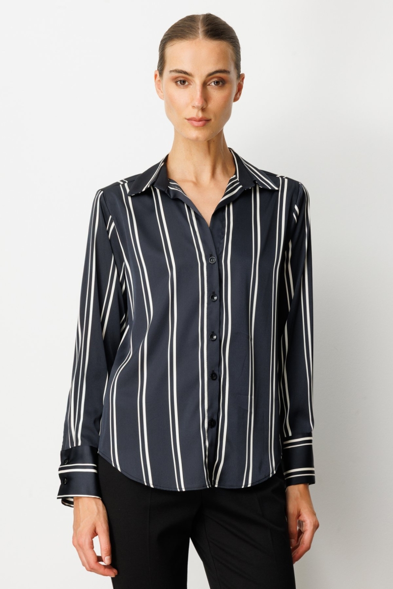On Kadın Çizgili Saten Gömlek 64300 Siyah-Ekru SİYAH-EKRU