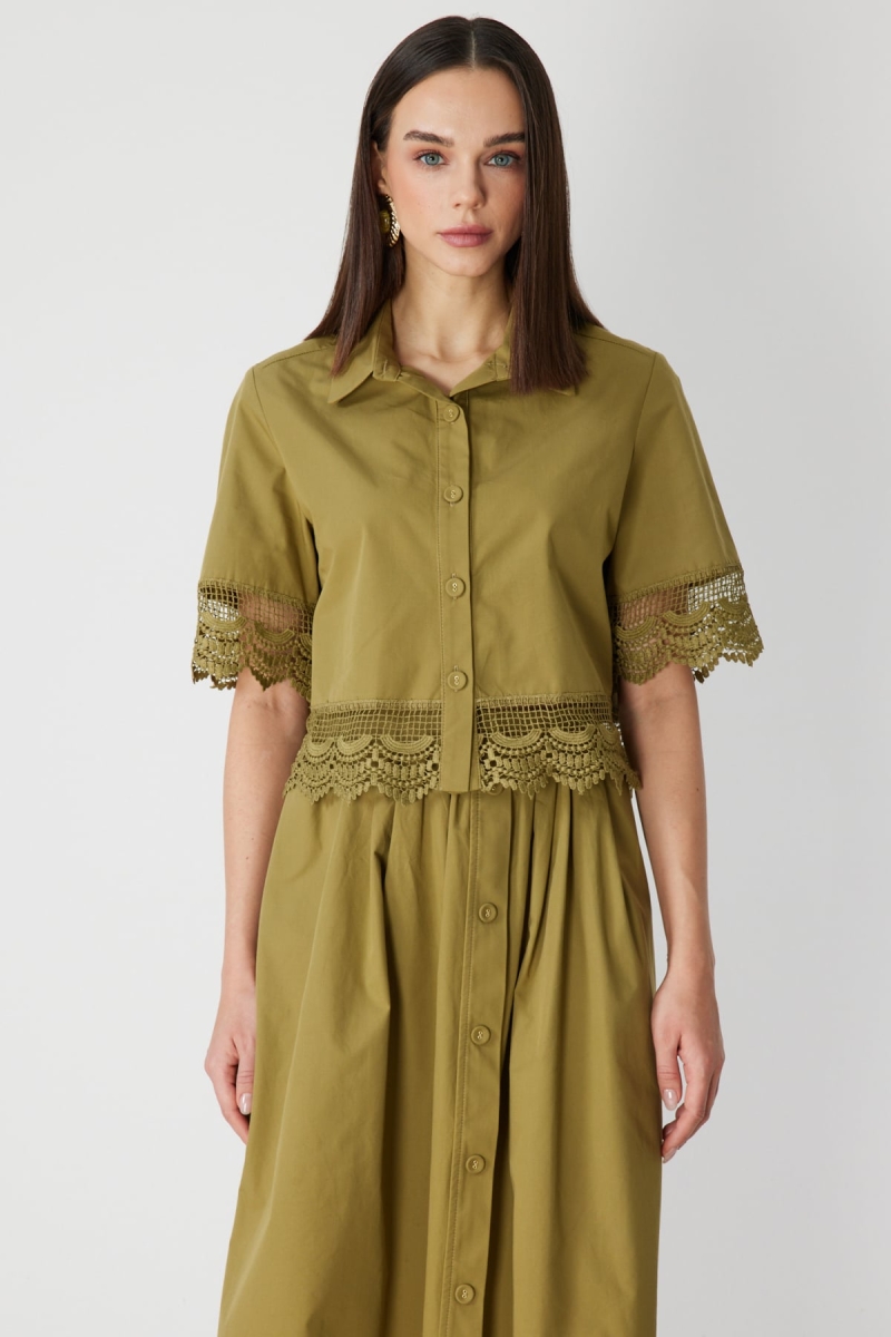 On Kadın Dantel Detaylı Crop Pamuk Gömlek 74336 Oliv Oliv