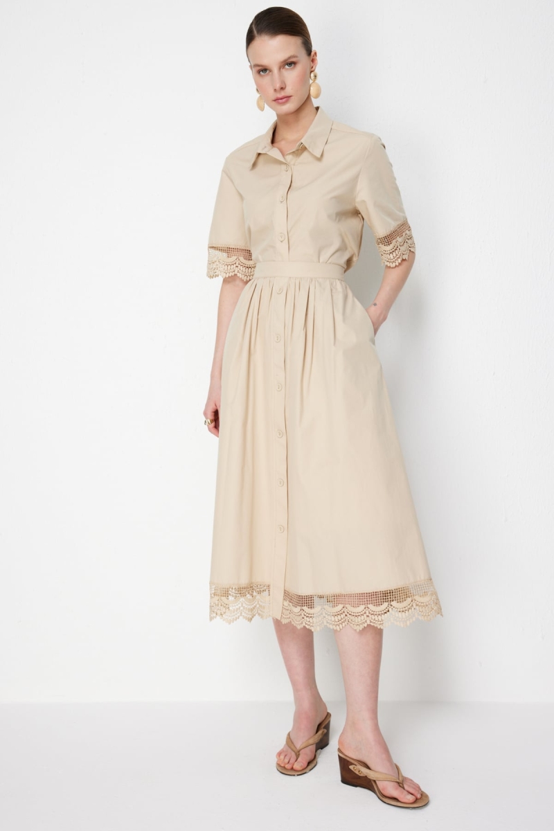 On Kadın Dantel Detaylı Süs Düğmeli Maxi Etek 74337 Bej Bej