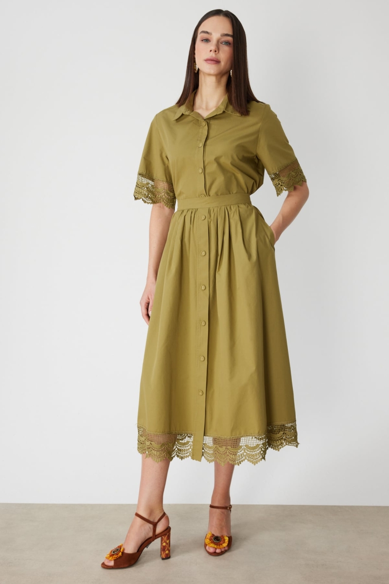 On Kadın Dantel Detaylı Süs Düğmeli Maxi Etek 74337 Oliv Oliv