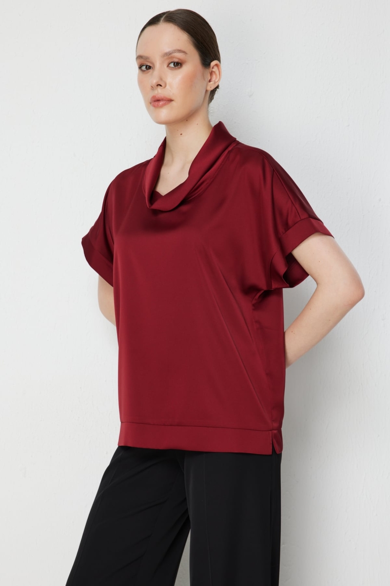On Kadın Degaje Yaka Kısa Kollu Bluz 74434 Bordo Bordo