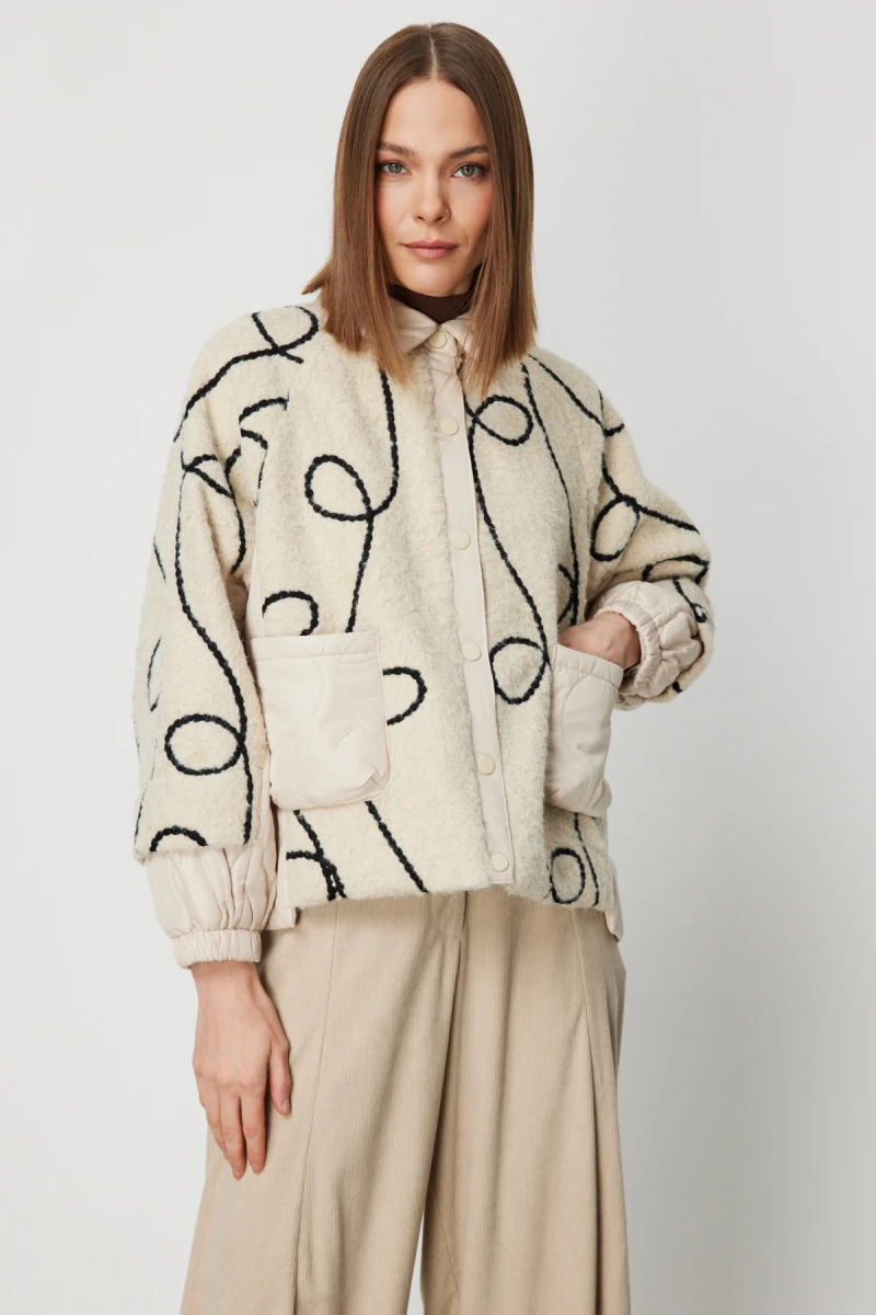 On Kadın Desenli Mix Kumaş Mont 60708 Ekru Ekru