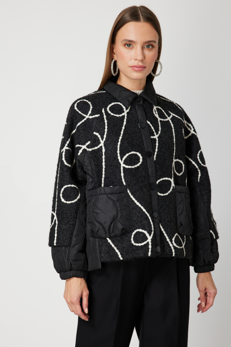 On Kadın Desenli Mix Kumaş Mont 60708 Siyah Siyah