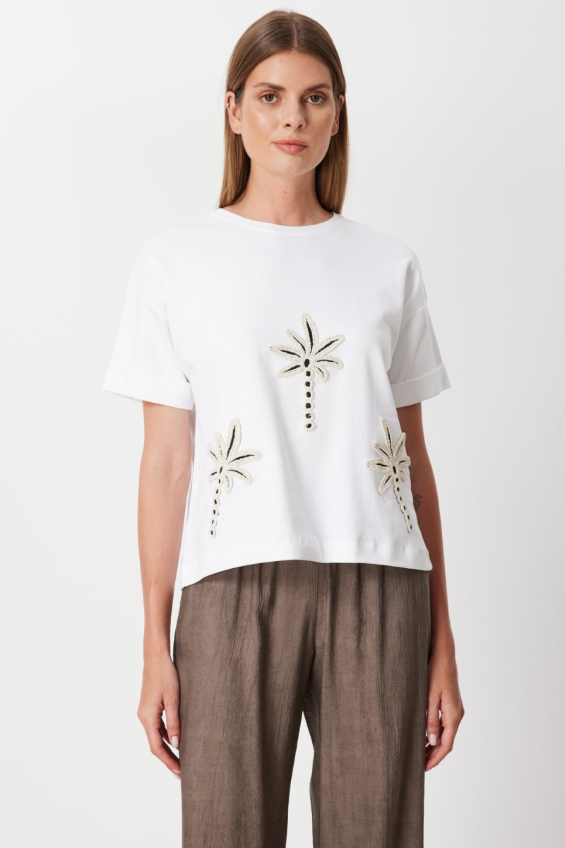 On Kadın Desenli Sıfır Yaka T-Shirt 71362 Beyaz Beyaz