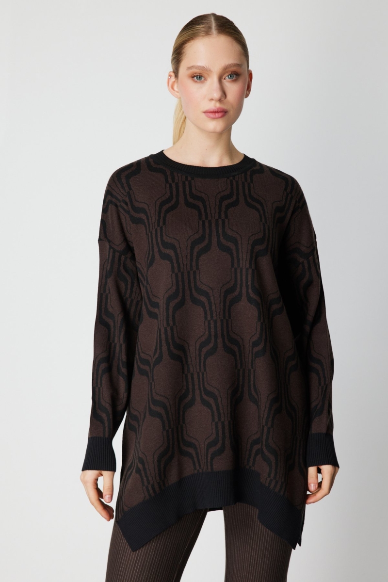 On Kadın Desenli Uzun Triko Kazak 65336 Kahverengi Kahverengi