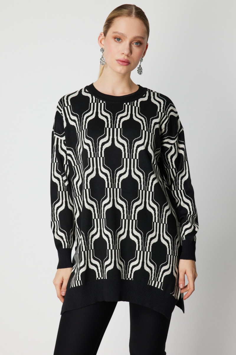 On Kadın Desenli Uzun Triko Kazak 65336 Siyah Siyah