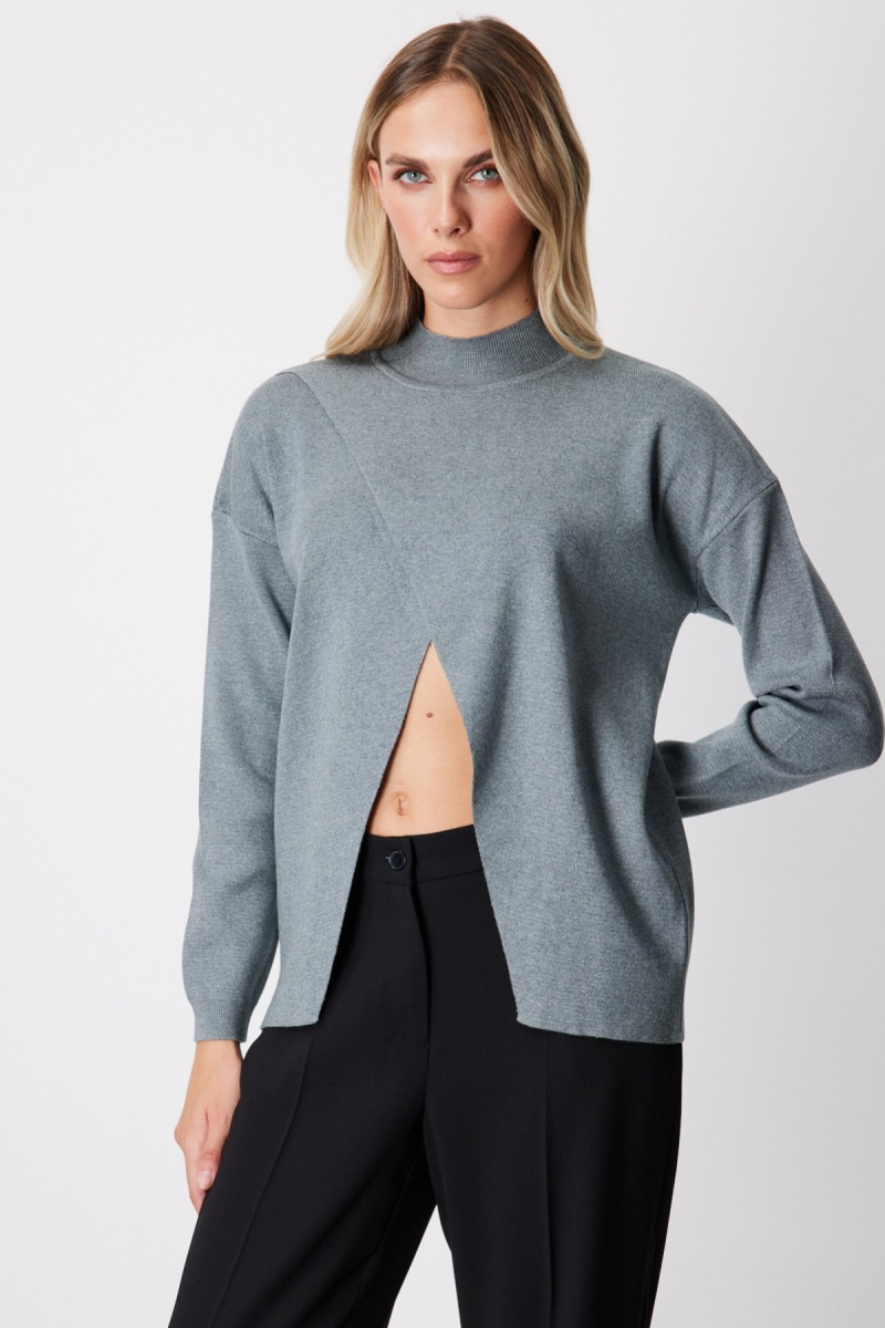 On Kadın Dik Yaka Asimetrik Kesim Triko Kazak 65343 Gri Gri