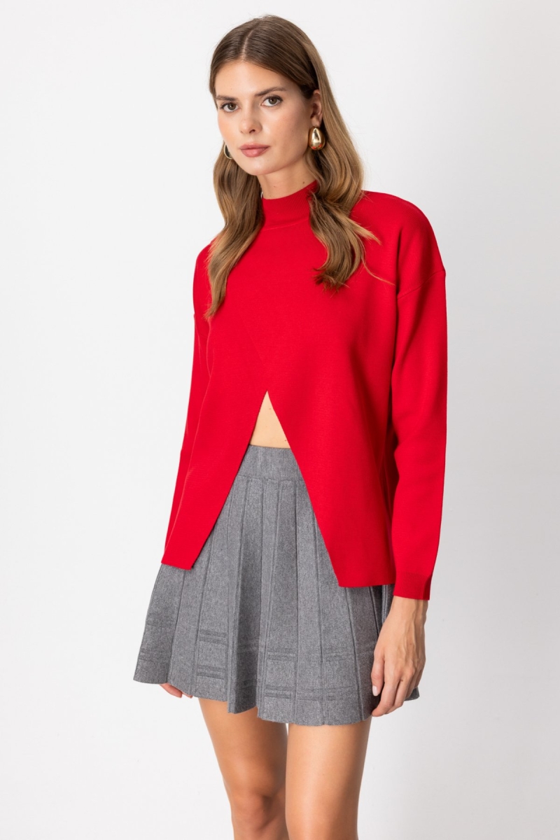 On Kadın Dik Yaka Asimetrik Kesim Triko Kazak 65343 Kırmızı Kırmızı