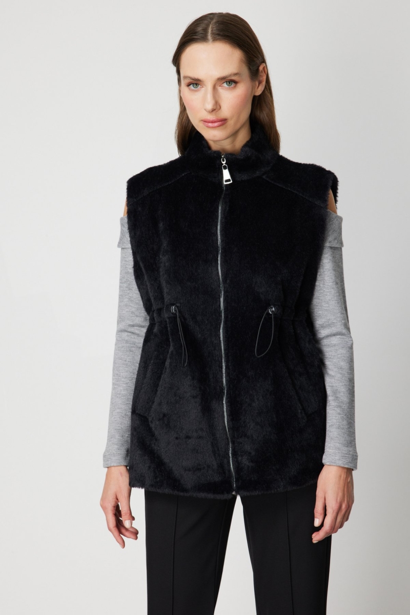 On Kadın Dik Yaka Beli Lastikli Peluş Yelek 66932 Siyah Siyah