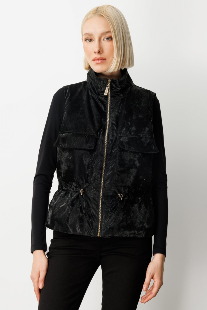 On Kadın Dik Yaka Beli Lastikli Yelek 60998 Siyah Siyah