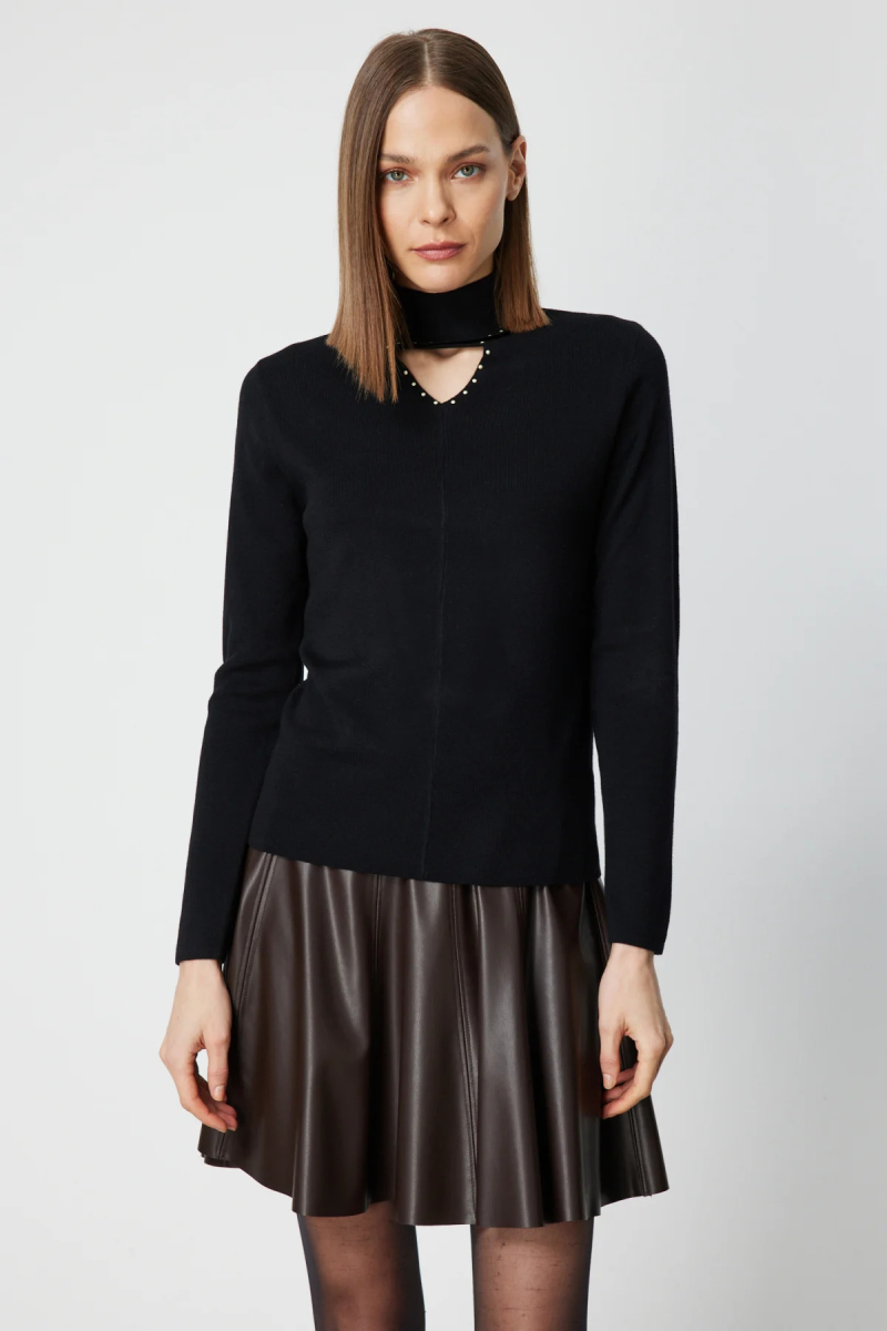 On Kadın Dik Yaka Boncuk Detaylı Triko Kazak 60484 Siyah Siyah