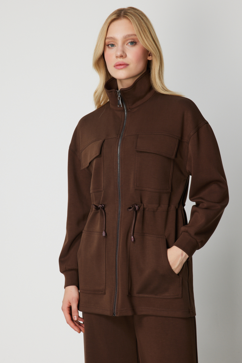 On Kadın Dik Yaka Çok Cepli Ceket 66521 Kahverengi Kahverengi