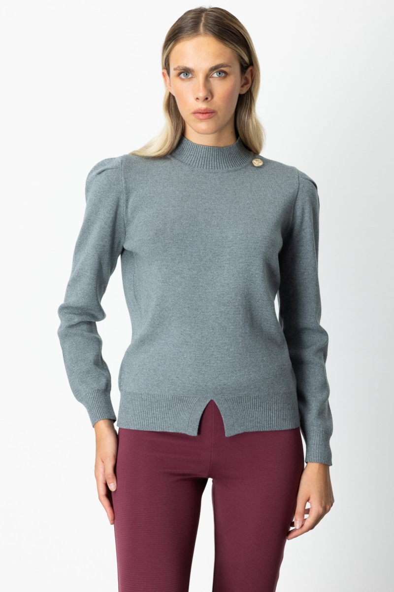 On Kadın Dik Yaka Düğme Detaylı Kazak 65331 Gri Gri