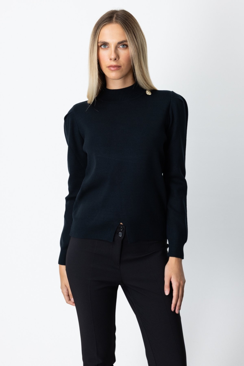 On Kadın Dik Yaka Düğme Detaylı Kazak 65331 Siyah Siyah