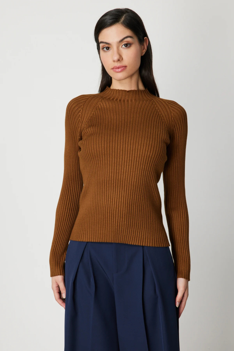 On Kadın Dik Yaka Fitilli Triko Kazak 60357 Kahverengi Kahverengi