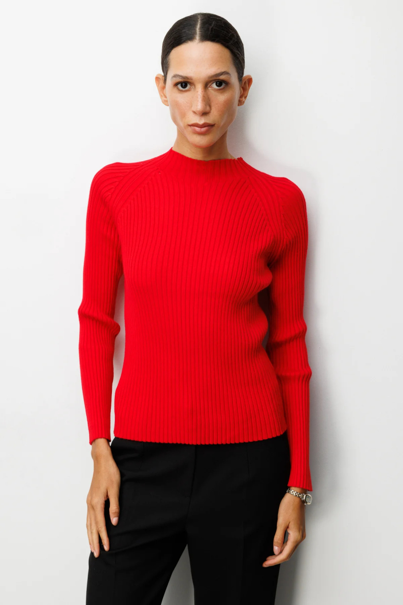 On Kadın Dik Yaka Fitilli Triko Kazak 60357 Kırmızı Kırmızı