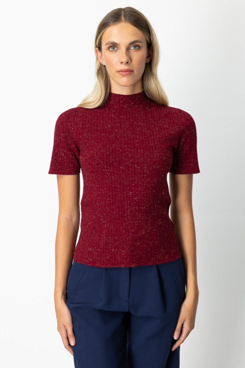 On Kadın Dik Yaka Kısa Kollu Triko Kazak 69302 Bordo Bordo