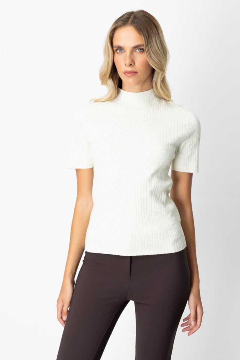 On Kadın Dik Yaka Kısa Kollu Triko Kazak 69302 Ekru Ekru