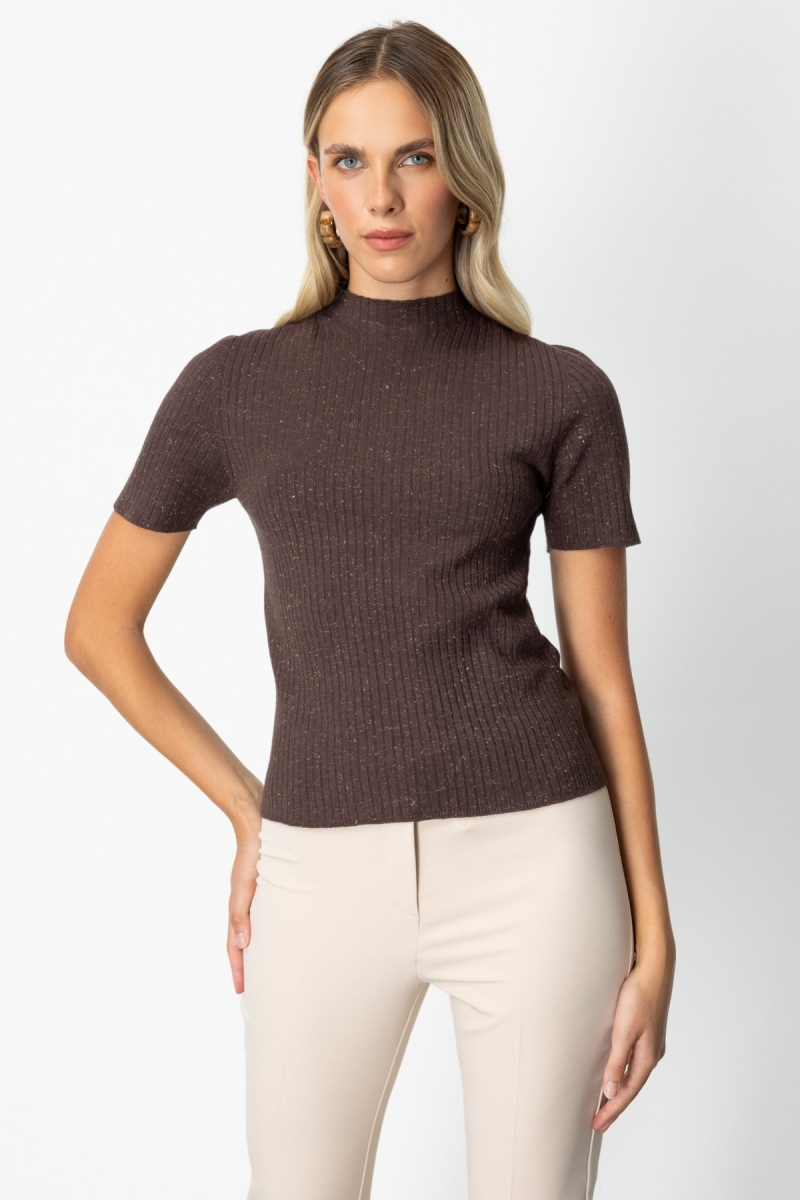 On Kadın Dik Yaka Kısa Kollu Triko Kazak 69302 Kahverengi Kahverengi