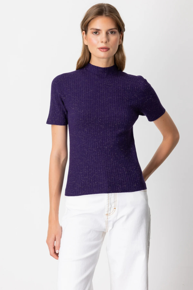 On Kadın Dik Yaka Kısa Kollu Triko Kazak 69302 Mor Mor