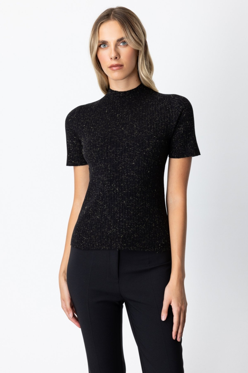 On Kadın Dik Yaka Kısa Kollu Triko Kazak 69302 Siyah Siyah