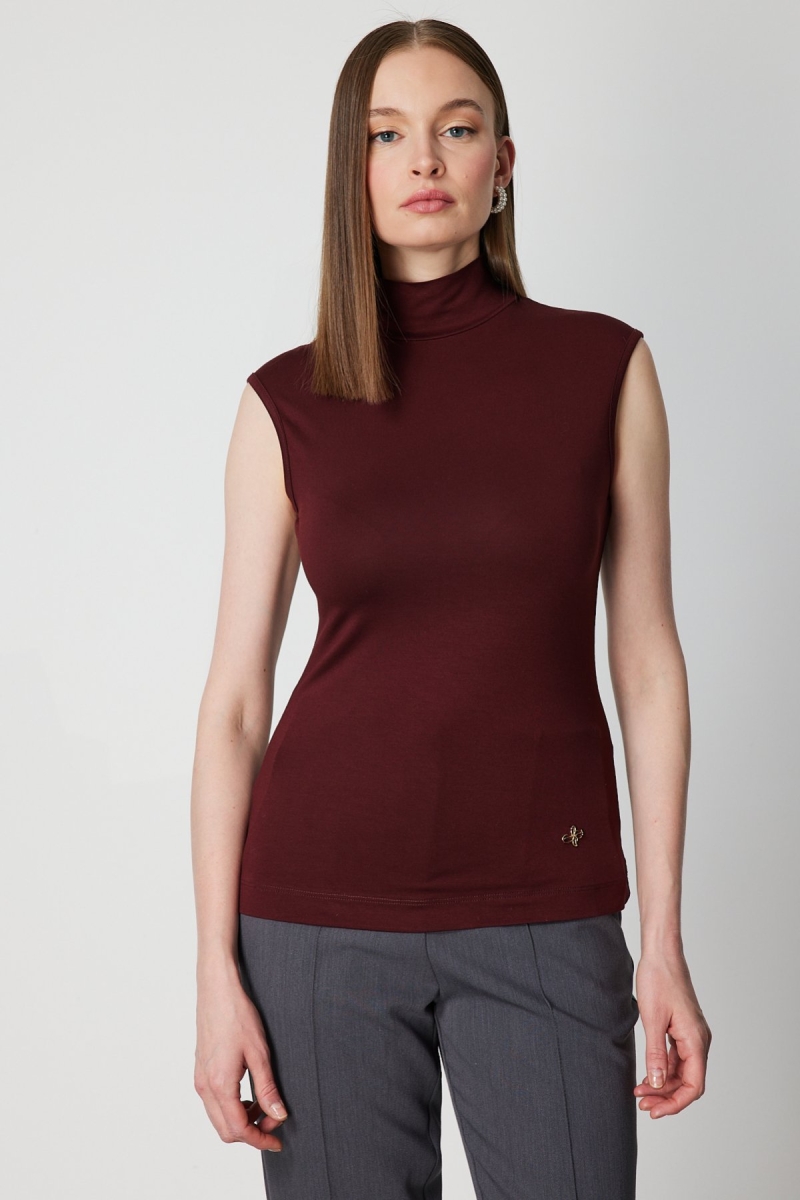 On Kadın Dik Yaka Kolsuz Basic Bluz 61432 Bordo Bordo