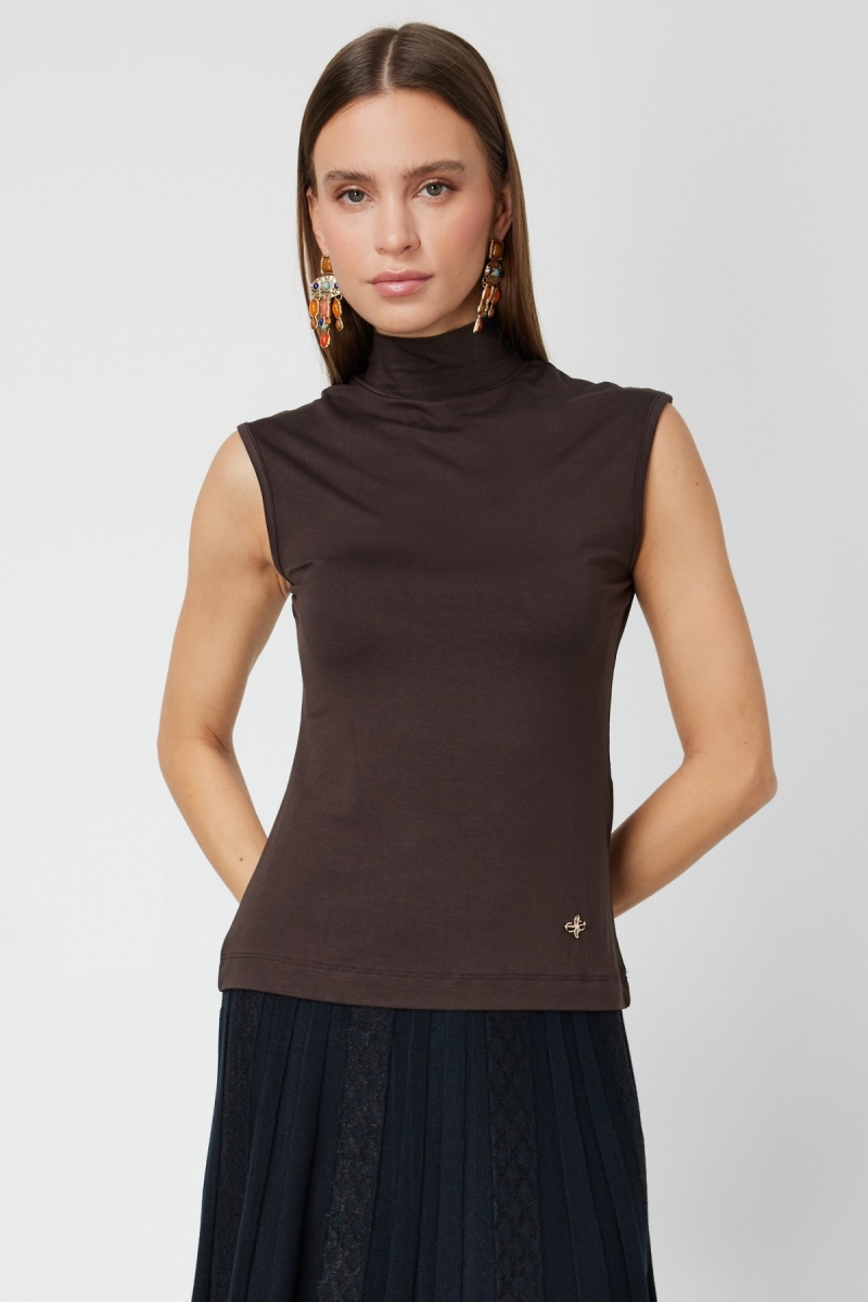 On Kadın Dik Yaka Kolsuz Basic Bluz 61432 Kahverengi Kahverengi