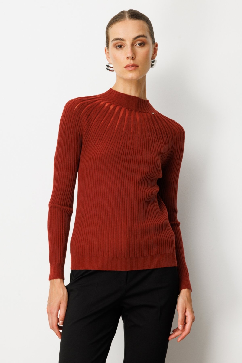 On Kadın Dik Yaka Tül Detaylı Triko Kazak 60384 Bordo Bordo