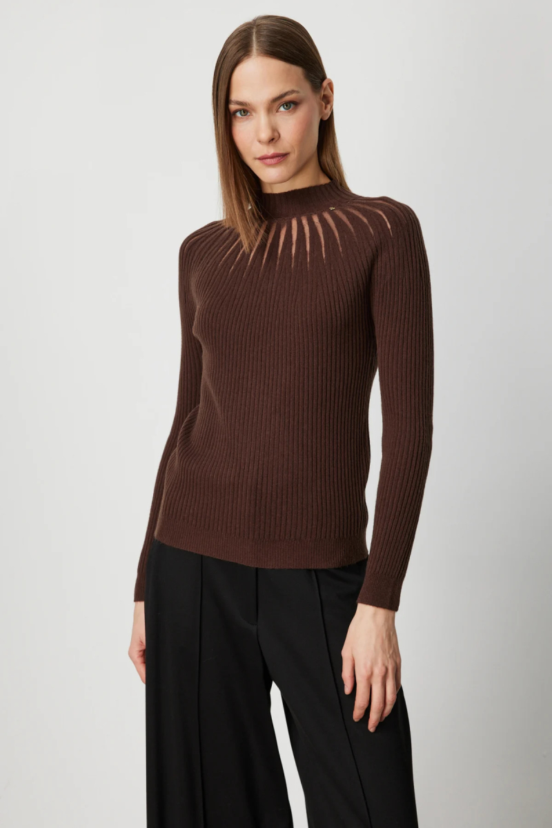 On Kadın Dik Yaka Tül Detaylı Triko Kazak 60384 Kahverengi Kahverengi