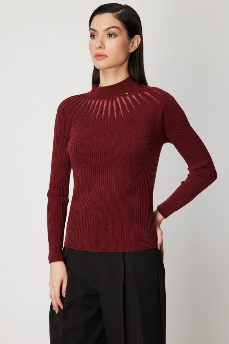 On Kadın Dik Yaka Tül Detaylı Triko Kazak 60384 Kırmızı Kırmızı