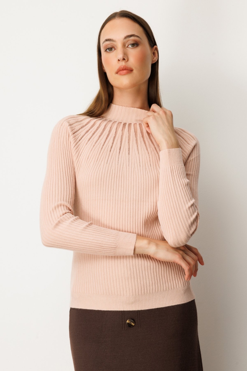 On Kadın Dik Yaka Tül Detaylı Triko Kazak 60384 Pembe Pembe