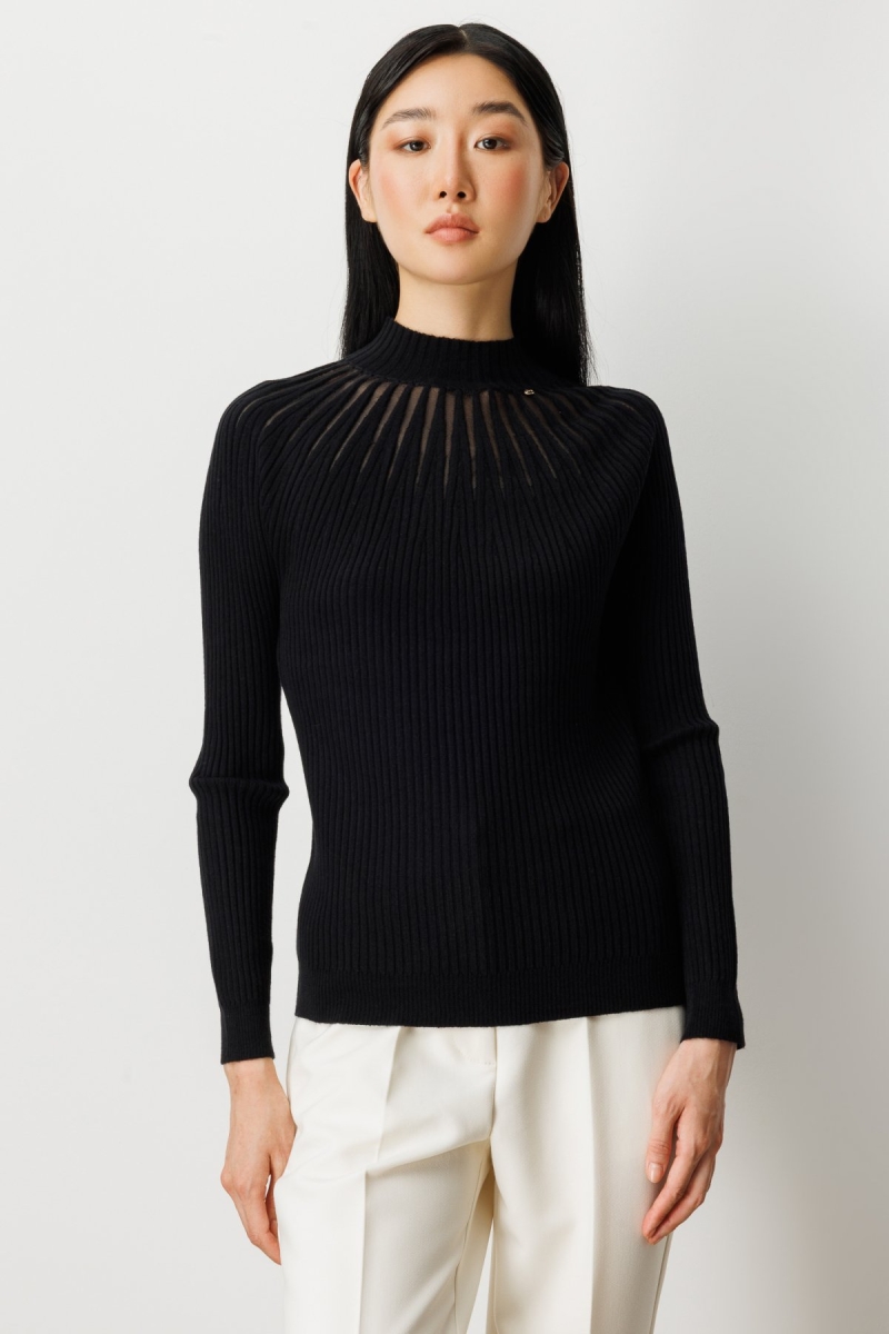 On Kadın Dik Yaka Tül Detaylı Triko Kazak 60384 Siyah Siyah