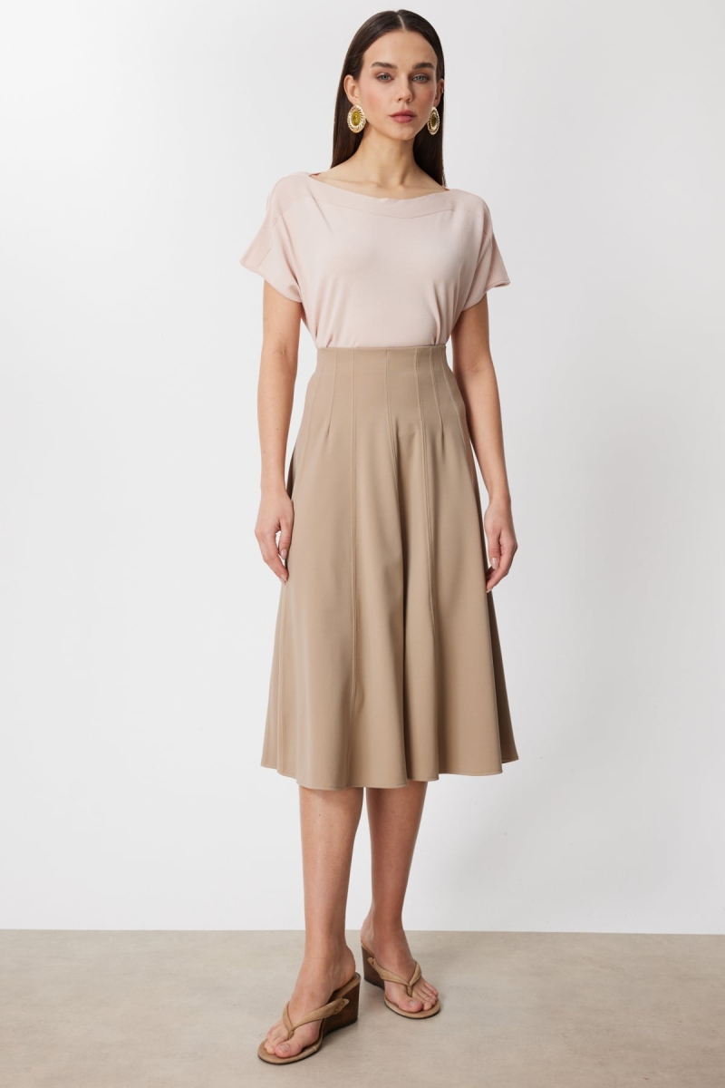 On Kadın Dikiş Detaylı Midi Boy Etek 74217 Bej Bej