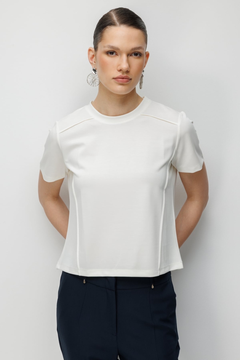 On Kadın Dikiş Detaylı Sıfır Yaka T-Shirt 71458 Ekru Ekru