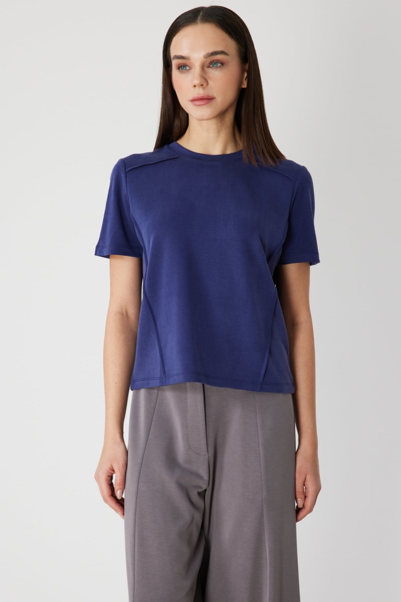 On Kadın Dikiş Detaylı Sıfır Yaka T-Shirt 71458 Indigo Indigo