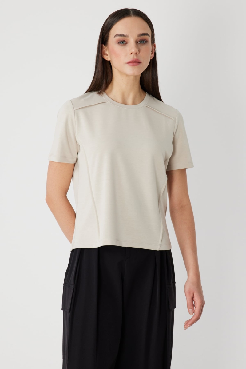 On Kadın Dikiş Detaylı Sıfır Yaka T-Shirt 71458 Kum Kum