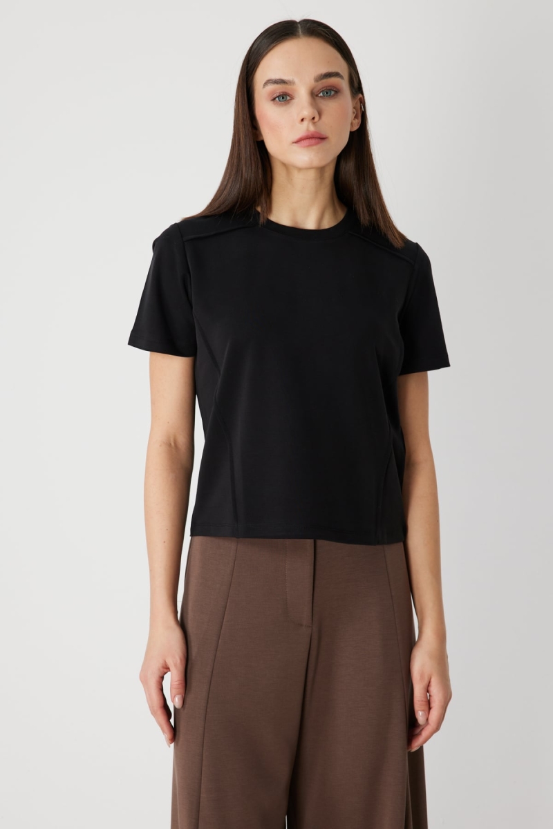 On Kadın Dikiş Detaylı Sıfır Yaka T-Shirt 71458 Siyah Siyah