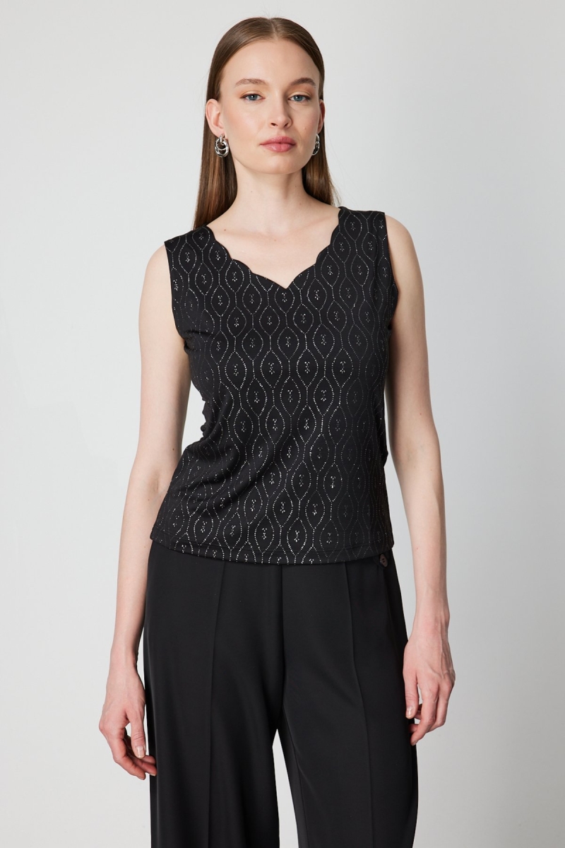 On Kadın Dilim Yaka Simli Bluz 61389 Siyah Siyah