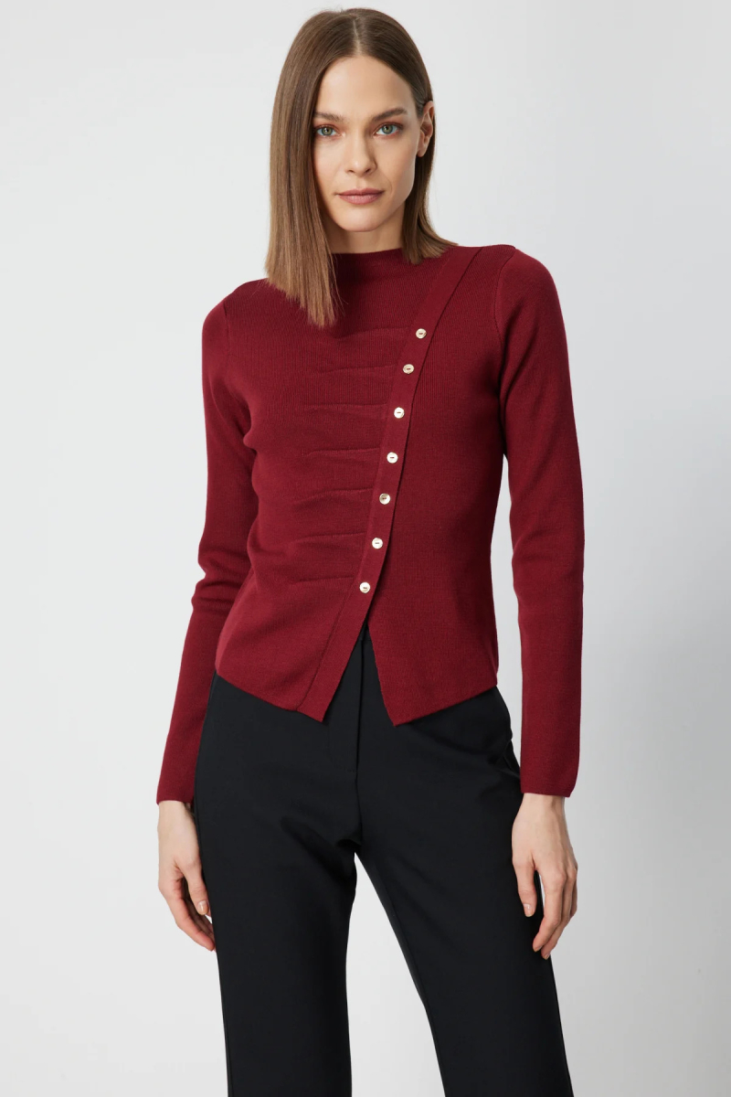 On Kadın Drape Detaylı Düğmeli Triko Kazak 65339 Bordo Bordo