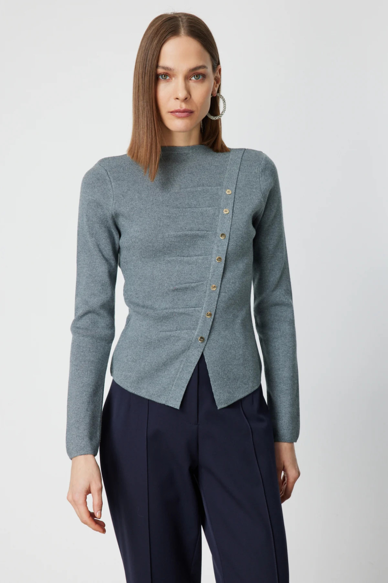 On Kadın Drape Detaylı Düğmeli Triko Kazak 65339 Gri Gri