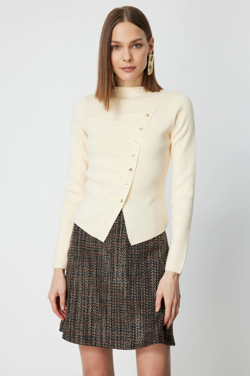 On Kadın Drape Detaylı Düğmeli Triko Kazak 65339 Krem Krem