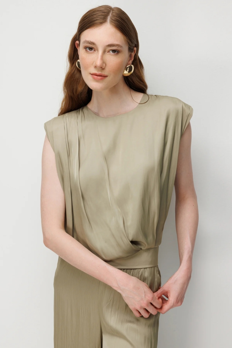 On Kadın Drape Detaylı Kolsuz Bluz 74378 Çağla Çağla