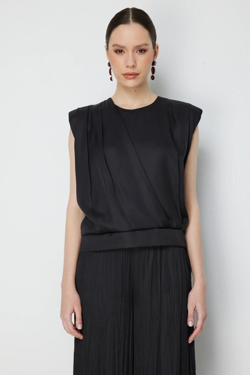 On Kadın Drape Detaylı Kolsuz Bluz 74378 Siyah Siyah